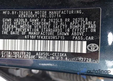 2014 Toyota Camry Se from USA, damaged, VIN 4T1BF1FKXEU385715